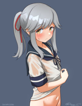 1girl blue_sailor_collar blush bottomless brown_eyes commentary_request dated grey_background grey_hair hair_ribbon kantai_collection long_hair looking_at_viewer navel one-hour_drawing_challenge ponytail ray.s red_ribbon ribbon sailor_collar school_uniform see-through_clothes serafuku sidelocks signature simple_background solo upper_body usugumo_(kancolle) wet wet_clothes yellow_eyes