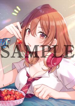Rule 34 | 1girl, blue scrunchie, blush, breasts, brown eyes, brown hair, cleavage, collared shirt, commentary request, diagonal-striped clothes, diagonal-striped necktie, food, fruit, hair between eyes, hand up, headphones, headphones around neck, holding, holding food, holding fruit, kohinata iroha (imouuzai), large breasts, looking at viewer, looking to the side, medium hair, necktie, open mouth, school uniform, scrunchie, shirt, short sleeves, solo, striped clothes, tomari (veryberry00), tomodachi no imouto ga ore ni dake uzai, white shirt, wing collar, wrist scrunchie