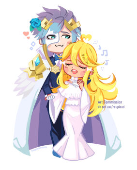 1boy 1girl ahoge blonde_hair blue_eyes crossover dress female_kiran_(fire_emblem) female_kiran_(fire_emblem)_(sky_superdeluxe) fire_emblem fire_emblem_heroes hand_on_another&#039;s_neck heart heart_ahoge highres holding_hands hrid_(fire_emblem) kiran_(fire_emblem) music nintendo phantom_of_the_opera purple_hair singing star-shaped_hair tuxedo white_dress yancadoodles