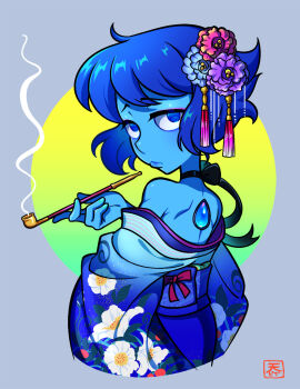 1girl blue_eyes blue_hair blue_skin choker colored_skin eyeliner flower flower_on_head from_behind hair_ornament half-closed_eyes highres japanese_clothes kimono lapis_lazuli_(gemstone) lapis_lazuli_(steven_universe) lips looking_at_viewer looking_back makeup shoulder_blades smoke smoking_pipe solo steven_universe tassel tassel_hair_ornament tatsuki_(pizza_no_tempra) upper_body
