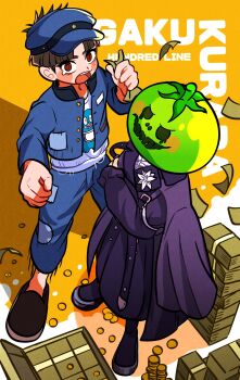 1boy 1girl blue_hat blue_jacket blue_pants blush_stickers brown_hair character_name coin copyright_name crossed_arms falling_money full_body hat highres holding holding_money jacket jacket_on_shoulders long_skirt maruko_gaku mask money oosuzuki_kurara pannomimi0301 pants print_shirt purple_jacket purple_skirt red_eyes shadow shirt short_hair skirt standing the_hundred_line_-last_defense_academy- tomato very_short_hair white_shirt