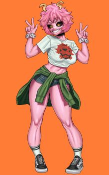 1girl ashido_mina black_sclera boku_no_hero_academia clothes_around_waist colored_sclera colored_skin denim denim_shorts female_focus green_sweater grin horns loopvoid messy_hair midriff navel orange_skirt pink_hair pink_skin shirt shoes short_hair short_shorts shorts skirt smile sneakers socks solo sweater sweater_around_waist teeth v white_shirt yellow_eyes yellow_horns