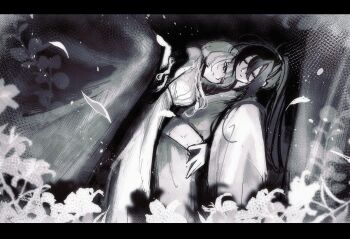 1boy 1girl black_border black_hair border chinese_clothes closed_eyes curtains dress flower greyscale hamlet_(w5) hanfu high_ponytail highres hong_lu_(project_moon) lily_(flower) limbus_company long_hair long_sleeves looking_at_viewer monochrome ponytail project_moon simple_background standing upper_body w5 white_dress white_hanfu