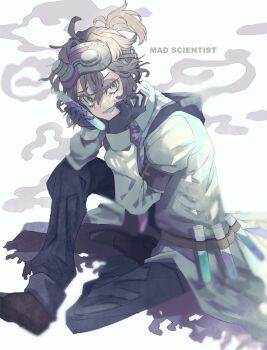 1boy :3 black_gloves black_pants brown_hair brown_shoes bruise bruised_eye coat english_text eyewear_on_head fang full_body gloves goggles green_eyes grin hair_between_eyes half-closed_eye head_on_hands high_ponytail identity_v injury lab_coat leg_up looking_at_viewer luca_balsa male_focus minotackle pants ponytail shoes short_ponytail sitting smile solo torn_clothes vial white_coat