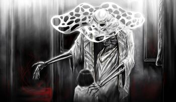 1boy 1girl absurdres aged_down black_hair body_horror bone commentary_request faceless facing_viewer hand_on_another's_shoulder hen_na highres korean_commentary limbus_company nursefather_of_the_ring project_moon ribs ryoshu_(project_moon) skeleton string string_of_fate the_ring_(project_moon) welcoming