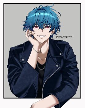 Rule 34 | 1boy, alternate costume, black shirt, blue hair, blue jacket, brant (wuthering waves), chain, chain necklace, collarbone, commentary, hair between eyes, hand on own face, highres, jacket, jewelry, looking at viewer, male focus, necklace, parted lips, pink eyes, sae naiyatsu, shirt, smile, solo, twitter username, untranslatable commentary, wuthering waves