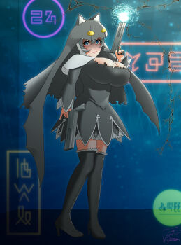 Rule 34 | absurdres, animal hat, breasts, cat hat, digimon, digimon (creature), dual wielding, gun, hat, highres, holding, nail polish, nun, pixiv user (14457527), sistermon noir, sistermon noir (awaken), weapon