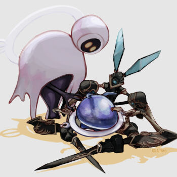 2others animal_ears antennae artificial_eye black_skin blob colored_skin commentary creature crescent cyclops disembodied_head ea_(ff14) english_commentary fake_animal_ears final_fantasy final_fantasy_xiv floating floating_head full_body grey_background halo highres holding holding_creature humanoid_robot indian_style joints looking_at_another looking_down mechanical_arms mechanical_eye mechanical_hands mechanical_legs miw_miisv multiple_others n-7000_(ff14) omicron_(ff14) one-eyed rabbit_ears reaching reaching_towards_another robot robot_joints simple_background sitting solid_oval_eyes star_(sky) starry_skin toto_(to1010) twitter_username white_halo yellow_eyes