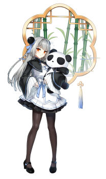 1girl absurdres bamboo black_nails black_pantyhose black_shoes black_shrug blue_bow bow braid bun_cover closed_mouth closers collared_shrug crop_top double_bun full_body grey_hair hair_bow hair_bun high-waist_skirt high_heels highres hugging_doll hugging_object lattice layered_skirt legs_apart light_blush long_hair looking_at_viewer mandarin_collar mary_janes miniskirt no_pupils official_art orange_eyes panda pantyhose pigeon-toed shirt shoes shrug_(clothing) side_braid skirt skirt_bow sleeves_past_wrists smile solo standing stuffed_animal stuffed_panda stuffed_toy tachi-e tina_(closers) white_background white_shirt wide_sleeves window