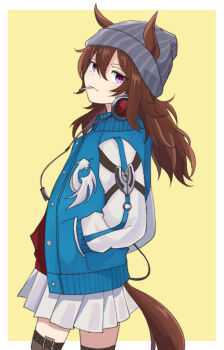 1girl animal_ears beanie blue_jacket border brown_background brown_hair brown_thighhighs commentary_request ears_through_headwear from_side grey_hat hair_between_eyes hand_in_pocket hat headphones headphones_around_neck highres horse_ears horse_girl horse_tail jacket long_hair long_sleeves looking_at_viewer looking_to_the_side nakayama_festa_(umamusume) open_clothes open_jacket pleated_skirt puffy_long_sleeves puffy_sleeves purple_eyes skirt solo striped_clothes striped_headwear tail thighhighs umamusume usako_(umauma0602) vertical-striped_clothes vertical-striped_headwear white_border white_skirt