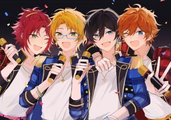 4boys akehoshi_subaru arm_around_shoulder black_hair blonde_hair blue-framed_eyewear blue_eyes blue_jacket commentary confetti english_commentary ensemble_stars! glasses green_eyes hair_between_eyes hidaka_hokuto highres holding holding_microphone isara_mao jacket jewelry looking_at_viewer male_focus microphone multiple_boys one_eye_closed open_clothes open_jacket open_mouth orange_hair outstretched_arm pendant red_hair red_jacket semi-rimless_eyewear shirt short_hair smile symbol-only_commentary trickstar_(ensemble_stars!) upper_body v white_shirt yixiao70559777 yuuki_makoto_(ensemble_stars!)