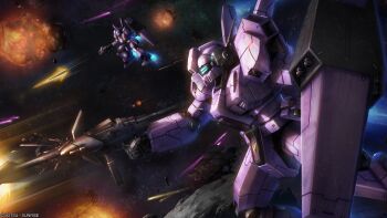 Rule 34 | absurdres, battle, beam rifle, blue visor, copyright notice, debris, earth federation, energy beam, energy gun, explosion, firing, gundam, gundam: twilight axis, gundam battle operation 2, highres, jegan, machinery, mecha, mecha focus, missile, missile pod, mobile suit, muzzle flash, nebula, official art, painting (medium), radio antenna, realistic, robot, scan, science fiction, shield, space, star (sky), sunrise (company), tenjin hidetaka, traditional media, weapon