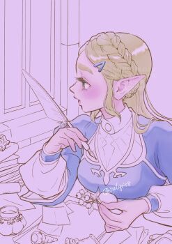 1girl blonde_hair blue_shirt braid breasts chatgris8 crown_braid desk green_eyes hair_ornament hairclip highres holding holding_plant holding_quill inkwell light_blush long_hair medium_breasts nintendo parted_bangs parted_lips plant pointy_ears princess_zelda quill shirt sidelocks solo the_legend_of_zelda the_legend_of_zelda:_breath_of_the_wild thick_eyebrows twitter_username upper_body