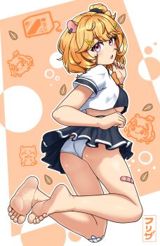 Rule 34 | 1girl, animal ears, ass, bandaid, bandaid on leg, barefoot, black scrunchie, black shirt, black skirt, bow, breasts, crop top, efreezerarts, eimi isami, hamster ears, hamster girl, hand on own chin, highres, looking back, microwave, one side up, orange background, orange bow, orange hair, panties, phase connect, pink eyes, scrunchie, seed, shirt, short hair, skirt, soles, sunflower seed, two-tone shirt, underboob, underwear, virtual youtuber, white background, white panties, white shirt