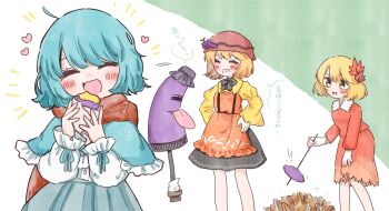 Rule 34 | 3girls, ^ ^, absurdres, aki minoriko, aki shizuha, apron, black skirt, blonde hair, blue capelet, blue hair, blush, capelet, closed eyes, commentary request, food, fruit, grapes, green background, hair ornament, hat, heart, highres, holding, holding food, karakasa obake, leaf hair ornament, long sleeves, mob cap, multiple girls, open mouth, red apron, red hat, red scarf, red shirt, salt (saltty), scarf, shirt, short hair, skirt, smile, speech bubble, sweet potato, tatara kogasa, tongue, touhou, translation request, two-tone background, umbrella, white background, yellow eyes