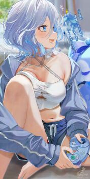 1girl alternate_costume black_shorts blue_jacket blue_nails breast_press breasts controller criss-cross_halter crop_top furina_(genshin_impact) game_controller gamecube_controller genshin_impact grey_hair halterneck highres holding holding_controller holding_game_controller jacket kabu_usagi knee_up large_breasts looking_ahead mademoiselle_crabaletta medium_breasts midriff nail_polish navel open_clothes open_jacket open_mouth plump shirt short_hair short_shorts shorts sideways_mouth sitting solo surintendante_chevalmarin toenail_polish toenails turning_head wavy_hair white_shirt