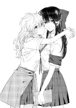 2girls alternate_costume armband arms_around_neck bow braid cheek-to-cheek chinese_commentary closed_mouth clothes_around_waist commentary_request greyscale hair_bow hakurei_reimu heads_together highres hitte5416 hug jacket jacket_around_waist kirisame_marisa long_hair looking_at_viewer monochrome multiple_girls necktie no_headwear open_mouth pleated_skirt school_uniform side_braid single_braid skirt smile sweatdrop touhou