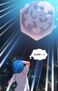 1girl absurdres asteroid blue_hair commentary earth-chan emphasis_lines english_commentary english_text facing_away from_behind green_hair highres hinghoi imminent_impact merryweather multicolored_hair original personification shirt short_hair short_sleeves solo speech_bubble t-shirt talking two-tone_hair white_shirt wide_shot