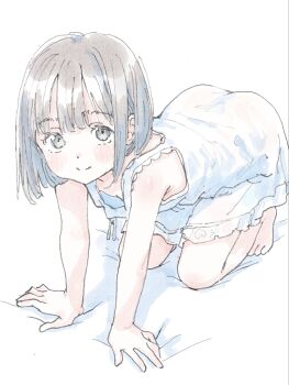 1girl all_fours ass bare_shoulders barefoot bed_sheet blunt_bangs blush bob_cut breasts dot_nose double-parted_bangs downblouse dress full_body highres looking_at_viewer nightgown original poranka_(porankaran) short_hair simple_background single_sidelock small_breasts smile thighs white_background white_dress