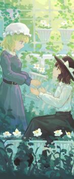 2girls belt black_hat black_skirt blonde_hair bow brown_eyes brown_hair buttons collared_dress collared_shirt commentary_request dress flower flower_pot frilled_dress frills from_side hat hat_bow highres holding holding_flower_pot kneeling leaf looking_at_another maribel_hearn medium_hair mob_cap multiple_girls purple_dress purple_eyes ribbon-trimmed_skirt ribbon_trim shirt shirt_tucked_in signature skirt smile standing touhou usami_renko wasabisuke white_bow white_flower white_hat white_shirt