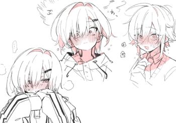 1boy 1girl blush character_request copyright_request cr-r hood hoodie short_hair sleeves_past_fingers sleeves_past_wrists