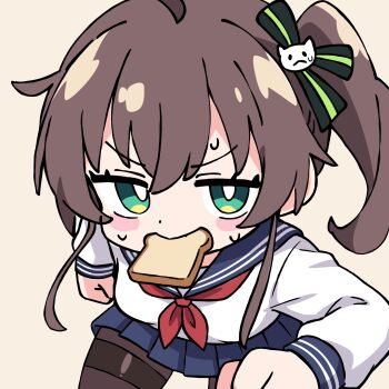 1girl ahoge alternate_costume black_pantyhose black_ribbon blue_sailor_collar blue_skirt blush_stickers bread bread_slice bright_pupils cat_hair_ornament food food_in_mouth green_eyes hair_ornament hair_ribbon highres hololive hyperkit long_sleeves looking_at_viewer mouth_hold natsuiro_matsuri neckerchief pantyhose pleated_skirt red_neckerchief ribbon sailor_collar school_uniform serafuku shirt side_ponytail simple_background skirt solo sweat toast toast_in_mouth v-shaped_eyebrows virtual_youtuber white_pupils white_shirt