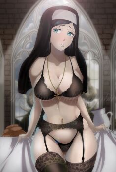 1girl black_bra black_clover black_hair black_panties blue_eyes bra breasts curvy garter_belt garter_straps highleg highleg_panties highres jewelry large_breasts lily_aquaria lingerie matching_underwear navel_piercing nun panties pantyhose parted_lips pendant piercing seductive_gaze seductive_smile smile the_amazing_gambit thighhighs underwear veil watermark wide_hips