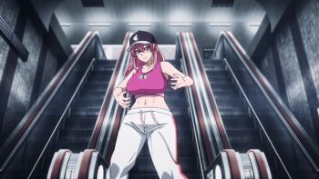 1girl 2025 20s animated animated_gif bare_shoulders baseball_cap breasts byobugaura_homare cleavage crop_top dancing escalator hat large_breasts long_hair midriff nail_polish pants pink_eyes pink_hair pink_sports_bra smile sports_bra subway subway_station tagme tougen_anki white_pants