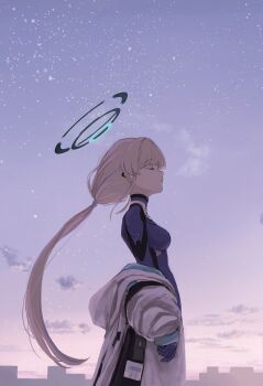 1girl blonde_hair blue_archive blue_halo bodysuit closed_eyes commentary_request halo highres jacket kogure0012 long_hair pocket sky star_(sky) starry_sky toki_(armed)_(blue_archive) toki_(blue_archive) white_jacket