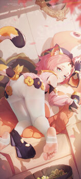 1girl absurdres animal_ear_fluff animal_ears ass bangs_pinned_back beret black_hat black_shorts blush boots bridal_gauntlets cat_ears cat_girl cat_tail chinese_commentary closed_mouth clothes_pull cocktail_shaker commentary_request diona_(genshin_impact) english_text feet food from_behind fruit full_body genshin_impact grapes green_eyes hat highres holding holding_boots holding_footwear holding_unworn_clothes icecake loli long_sleeves looking_at_viewer looking_back no_shoes panties panties_under_pantyhose pantyhose pink_hair pink_shirt pouring shirt short_hair shorts shorts_around_one_leg shorts_pull soles solo stirrup_legwear tail thick_eyebrows toeless_legwear toes top-down_bottom-up underwear unworn_boots white_panties white_pantyhose