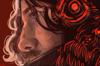 Rule 34 | 1boy, black eyes, black hair, close-up, commentary, covered mouth, doodle inset, english commentary, eye print, facial hair, from side, highres, horror (theme), iron lung (movie), itsyaboiuhcaleb, looking to the side, male focus, medium hair, mustache, painterly, portrait, serious, simon (iron lung), solo, teeth, wavy hair