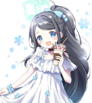 1girl :d alternate_costume aris_(blue_archive) bare_shoulders bendy_straw black_choker black_hair blue_archive blue_bow blush bow braid choker collarbone commentary_request cup disposable_cup dress drinking_straw floral_background hair_bow halo hand_up highres holding holding_cup long_hair looking_at_viewer nanase_miori off-shoulder_dress off_shoulder open_mouth ponytail simple_background single_wrist_cuff smile solo striped_bow swept_bangs very_long_hair white_background white_dress wrist_cuffs