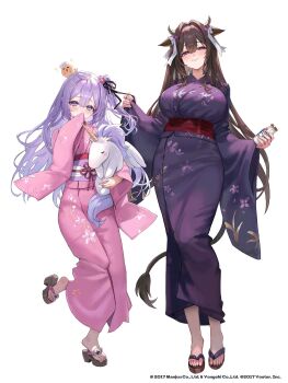1girl absurdres ahoge animal_ears azur_lane bottle breasts brown_hair cow_ears cow_girl cow_horns floral_print freng hair_ribbon high_side_ponytail highres holding holding_bottle holding_stuffed_toy horns huge_breasts japanese_clothes kashino_(azur_lane) kimono long_hair milk milk_bottle obi okobo one_side_up pink_kimono platform_clogs platform_footwear platform_sandals purple_eyes purple_hair purple_kimono ribbon sandals sash stuffed_animal stuffed_toy unicorn_(azur_lane) very_long_hair yukata