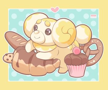 Rule 34 | artist name, border, bread, brown eyes, closed mouth, commentary, cookie, croissant, cupcake, dog, english commentary, fidough, food, heart, kishishiotani, nintendo, no humans, pokemon, pokemon (creature), polka dot, polka dot background, pretzel, smile, solo, yellow border