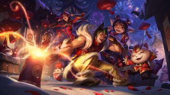 animal_ears bag biceps black_hair bow bowtie breasts cat_ears china_dress chinese_clothes chinese_lantern_(plant) chinese_new_year city cleavage closed_eyes coin crossed_arms diana_(league_of_legends) dress festival firecracker_diana firecracker_sett firecracker_tristana firecracker_xin_zhao fireworks gauntlets hat helmet highres jacket lantern league_of_legends lionsong long_hair long_sleeves manly muscular muscular_male night official_art one_eye_closed open_mouth outdoors pants ponytail poro_(league_of_legends) red_hair sett_(league_of_legends) shoes shoulder_pads sky sleeveless smile squatting teemo tight_clothes tight_pants tristana tristana_(league_of_legends) v veins veiny_arms white_fur white_hair xin_zhao yordle