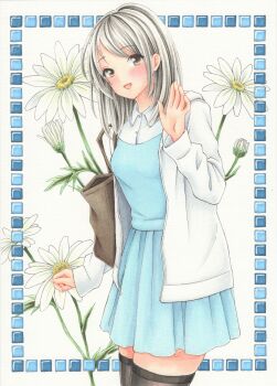 Rule 34 | 1girl, absurdres, aqua skirt, aqua sweater, bag, black thighhighs, brown eyes, collared shirt, commentary, cowboy shot, floral background, flower, grey hair, hand up, highres, jacket, long sleeves, looking at viewer, marker (medium), medium hair, midori (mira567), miniskirt, open clothes, open jacket, open mouth, original, outside border, pleated skirt, shirt, shoulder bag, skirt, smile, solo, standing, straight hair, sweater, thighhighs, traditional media, waving, white background, white flower, white jacket, white shirt, wing collar, zettai ryouiki