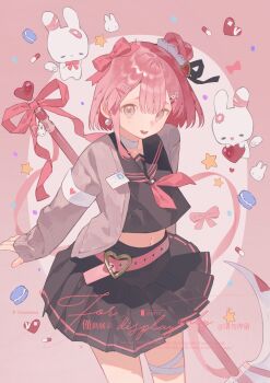 1girl absurdres bao_rong bow choker earrings gem hair_between_eyes hair_bow hair_ornament hairpin heart highres jewelry looking_at_viewer mole mole_under_eye open_mouth original pearl_(gemstone) pearl_earrings pink_bow pink_eyes pink_hair pink_ribbon pink_theme ribbon sailor_collar school_uniform short_hair sidelocks solo teeth upper_teeth_only white_choker