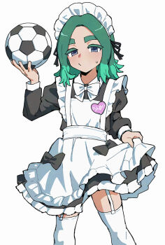 1boy alternate_costume apron aqua_hair ball black_bow black_dress blue_eyes bow bowtie closed_mouth commentary_request crossdressing crossdressing_(mtf) dress enmaided feet_out_of_frame frilled_dress frills garter_straps hand_up heart holding holding_ball inazuma_eleven_(series) inazuma_eleven_victory_road looking_at_viewer maid maid_apron maid_headdress male_focus male_maid name_tag sasanami_unmei short_dress simple_background skirt_hold soccer_ball solo standing sweat thighhighs white_apron white_background white_bow white_bowtie white_thighhighs yoruhachi