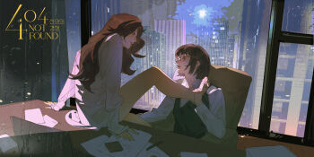 2girls absurdres arm_support armchair bandaid bandaid_on_foot black_eyes black_sweater_vest blush brown_eyes brown_hair building chair choi_kyung city collared_shirt computer desk dress_shirt foot_on_another's_shoulder friendly_rivalry ga-o glasses highres indoors korean_text laptop long_hair long_sleeves looking_at_another multiple_girls naked_shirt nose office on_chair paper paper_stack parted_lips pen shirt short_hair sitting skyscraper sweatdrop sweater_vest wallet water_drop white_shirt window wooden_floor yoo_je-i yuri