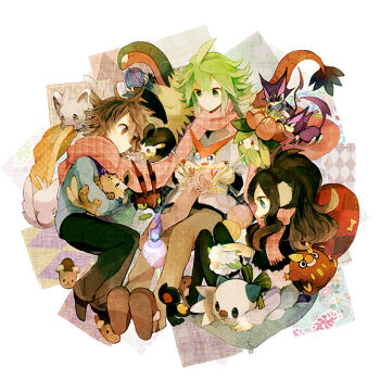 10s 1girl 2boys archeops bad_id bad_pixiv_id black_legwear blue_eyes brown_eyes brown_hair clothed_pokemon cottonee darumaka emolga gen_5_pokemon green_eyes green_hair headpat high_ponytail hilbert_(pokemon) hilda_(pokemon) hoo hou_(ppo) legendary_pokemon lilligant lillipup litwick long_hair minccino multiple_boys mythical_pokemon n_(pokemon) nintendo oshawott pantyhose plaid_clothes plaid_scarf pokemon pokemon_(creature) pokemon_bw ponytail purrloin scarf shared_clothes shared_scarf shoes short_hair socks unworn_shoes venipede victini yamask yarn yarn_ball