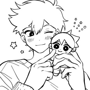 1boy antenna_hair blush bright_pupils bu3hgg character_doll close-up closed_mouth doll double-parted_bangs ear_piercing greyscale hair_between_eyes hero_(faraway)_(omori) hero_(omori) highres holding holding_stuffed_toy long_sleeves male_focus monochrome omori one_eye_closed piercing short_hair simple_background sketch smile solo star_(symbol) stuffed_animal stuffed_toy sweater upper_body