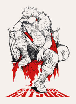 1boy arm_tattoo bakugou_katsuki boku_no_hero_academia boots cape character_name closed_mouth ear_piercing elbow_on_knee fur_trim gemg highres jewelry male_focus necklace official_alternate_costume piercing red_eyes short_hair sitting solo spiked_hair tattoo toned toned_male topless_male