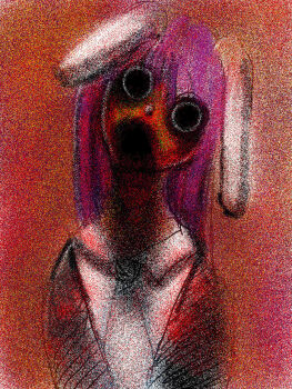Rule 34 | 1girl, :o, abstract, animal ears, black coat, coat, collared shirt, commentary request, creepy eyes, film grain, head tilt, highres, horror (theme), jonasan (bad-t), long hair, necktie, open mouth, pointillism, purple hair, rabbit ears, rabbit girl, reisen udongein inaba, shirt, solid circle pupils, solo, touhou, upper body, white shirt