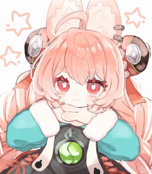 1girl :3 ahoge animal_ear_fluff animal_ear_piercing animal_ears braid braided_twintails bright_pupils closed_mouth furry furry_female green_shirt hair_ornament hands_under_chin hashtag-only_commentary highres long_hair looking_at_viewer pink_fur pink_hair rabbit_ears rabbit_girl red_eyes screw shirt short_eyebrows simple_background solo sphere_hair_ornament star_(symbol) thick_eyebrows torokeru_maro white_background white_pupils zenless_zone_zero zhao_(zenless_zone_zero)