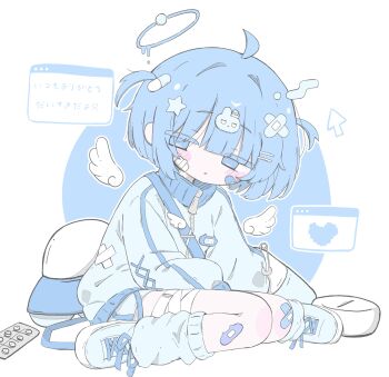 Rule 34 | 1girl, :o, @ @, ahoge, angel, bad id, bad twitter id, bandaged leg, bandages, bandaid, bandaid hair ornament, bandaid on cheek, bandaid on face, bandaid on knee, bandaid on leg, blister pack, blue eyes, blue hair, blue halo, blue jacket, blue leg warmers, blue shoes, blue shorts, blue track suit, blush stickers, colored eyelashes, detached wings, full body, gauze, gauze on cheek, hair ornament, halo, hat, highres, izumi (yura izumi), jacket, leg warmers, long sleeves, melting halo, no pupils, original, pill hair ornament, rabbit hair ornament, shoes, short hair, short twintails, shorts, sitting, solo, star (symbol), star hair ornament, track jacket, track suit, translation request, twintails, unworn hat, unworn headwear, white wings, window (computing), wings, zipper
