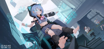 3girls :d ^_^ absurdres ahoge animal_ears animal_hood apartment arm_out_of_sleeve arona_(blue_archive) artist_logo artist_name barefoot bell belt black_belt black_eyes black_jacket black_leg_warmers blue_archive blue_eyes blue_hair blue_pupils blue_shirt blue_skirt blush bob_cut book book_stack bow bowtie bracelet brick_wall bright_pupils broken_wall building cat_ears cat_hood chair chalkboard chinese_commentary city closed_eyes closed_mouth commentary_request commission commissioner_name cropped_shirt crossover curled_fingers date_shichuan_majiang dated desk disintegration dot_nose dutch_angle equation fake_animal_ears feet flying_paper foot_focus from_below full_body grey_sky halo handheld_game_console hands_up highres holding holding_handheld_game_console holographic_interface hood hood_up hooded_jacket intentionally_missing_halo jacket jewelry jingle_bell leg_warmers logo long_sleeves looking_at_viewer medium_hair midriff miniskirt missing_halo multiple_girls multiple_thigh_straps navel neck_bell on_chair open_clothes open_jacket open_mouth original outdoors outstretched_arm paper pink_bow pink_bowtie plana_(blue_archive) red_halo school_desk scouter shi_yi_(tokini_11) shirt short_hair_with_long_locks side_part sideless_outfit sideless_shirt sitting skirt sky smile soles solo_focus thigh_belt thigh_strap third-party_source toes white_pupils