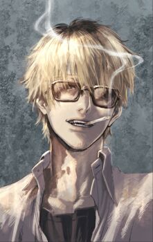Rule 34 | 1boy, black hair, black shirt, blonde hair, cigarette, collared shirt, commentary request, facial hair, glasses, goatee stubble, highres, hikaru ga shinda natsu, lips, looking at viewer, male focus, mouth hold, multicolored hair, neji vuldarak, nose, rectangular eyewear, roots (hair), shirt, short hair, smoke, smoking, solo, stubble, tanaka (hikaru ga shinda natsu), teeth, teeth hold, two-tone hair, white shirt