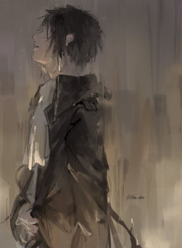 1boy akutagawa_ryuunosuke_(bungou_stray_dogs) ascot black_coat black_hair bungou_stray_dogs closed_mouth coat collared_coat colored_tips commentary_request from_side hiba_riko highres male_focus multicolored_hair no_eyes short_hair sidelocks solo tears twitter_username two-tone_hair upper_body white_ascot white_hair