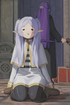 2girls absurdres belt black_belt black_coat black_pants boots brown_boots capelet coat commentary dolri earrings elf fern_(sousou_no_frieren) frieren grey_hair highres holding holding_staff jewelry long_hair mage_staff mimic multiple_girls pants pointy_ears purple_hair saliva sitting sousou_no_frieren staff standing tongue white_capelet