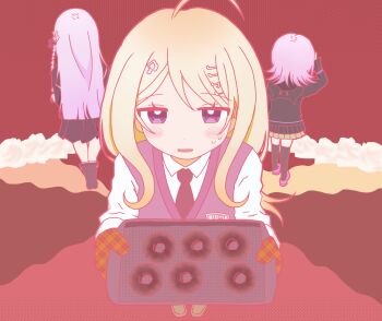 Rule 34 | 3girls, :d, akamatsu kaede, black jacket, black thighhighs, blonde hair, blush, brown skirt, commentary request, danganronpa: trigger happy havoc, danganronpa (series), danganronpa 2: goodbye despair, danganronpa v3: killing harmony, derivative work, donut, food, fortissimo, hair ornament, happy mille-feuille (idolmaster), hood, hood down, idolmaster, jacket, kirigiri kyoko, long hair, medium hair, miniskirt, misa (usaginosakura), multiple girls, musical note, musical note hair ornament, nanami chiaki, open mouth, parody, pink eyes, pink hair, pink shoes, pink sweater vest, pleated skirt, shirt, shoes, skirt, smile, sweat, sweater vest, thighhighs, white shirt